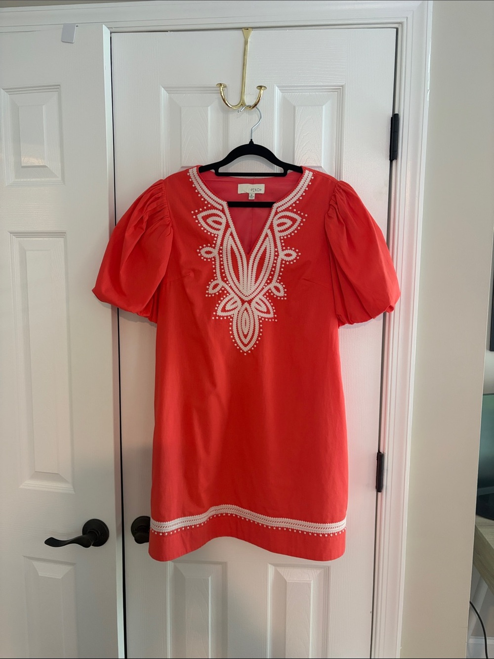 Red Embroidered Puff-Sleeve Dress